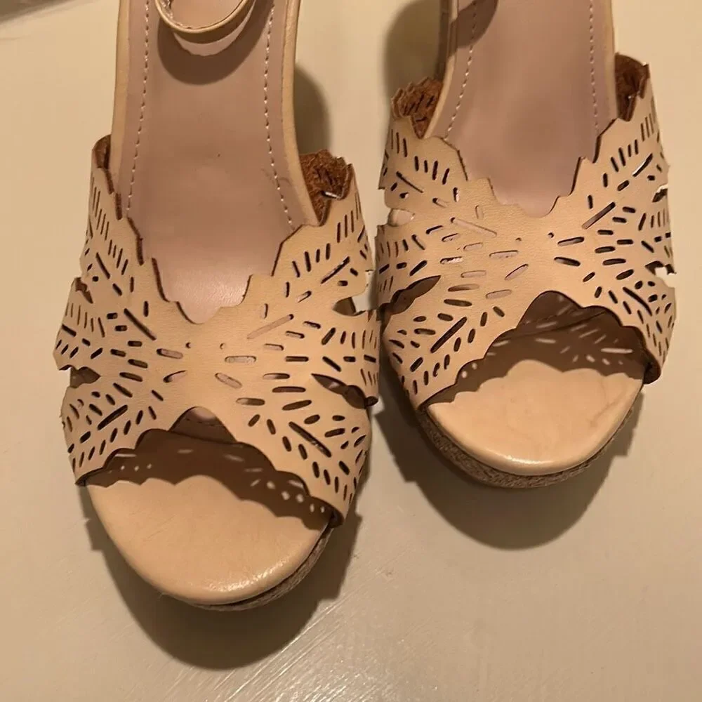 Top Moda Women's 10 Laser Cut Strappy Wedge Heel Beige Tan Neutral Coastal Beach